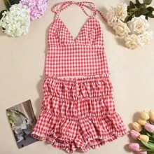 2pcs Set Women Sexy Halter Bandage Top And Elastic Waist Plaid Shorts