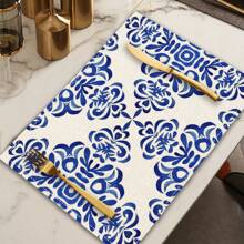 1 pieza Tapete de mesa con estampado floral retro azul, 4 piezas Individuales con estampado floral retro, adecuados para festivales, fiestas, cumpleaños, cenas, decoración de cocina y comedor, decoración del hogar y la habitación para todas las estaciones