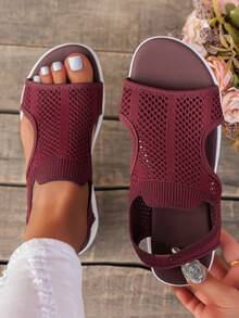 大码女式休闲简约运动一脚蹬凉鞋，轻便舒适透气网眼百搭运动鞋 - 酒紅色 - 查看 4