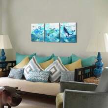 1 Set Of 3 Pcs Canvas Wall Art, Ocean Theme Animals, Modern Turtle Octopus Whale, Printed Craft Canvas Decoration For Home Decoration, Framed And Ready To Hang. ,Wall Art With Frame