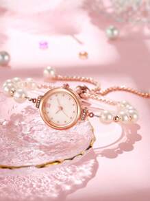 1pc Women's White Beaded Pull-Chain Rose Gold Case Mother Of Pearl Texture Dial Elegant Quartz Watch, Suitable For Party Decoration