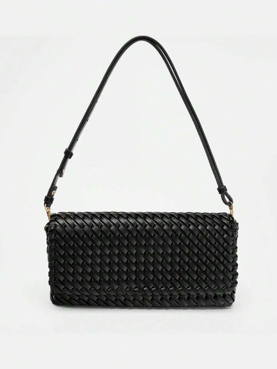 Woven Handbag With Flap Shoulder Crossbody Design, Minimalist & Versatile - Black - View 1