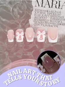 24 piezas Uñas postizas de diseño de perlas rosas y lazos de estilo Y2k en forma de ataúd medio, adecuadas para el suministro de uñas de uso diario para mujeres y niñas. uñas falsas uña falsa uña acrílica