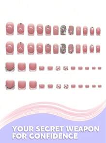 48 piezas Conjunto de uñas postizas Flash Diamond francesas cuadradas 2 en 1 para manos y pies, uñas postizas modernas y dulces para mujeres y niñas para usar uñas falsas uña falsa uña acrílica