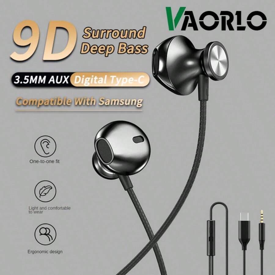 VAORLO DAC 数字芯片有线耳机，3.5mm AUX/Type-C接口，9D HiFi 重低音环绕立体声入耳式耳机，兼容三星安卓系统 - 彩色 - 查看 1