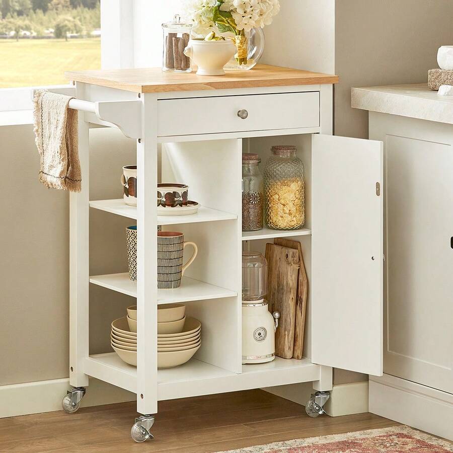 SoBuy FKW46-WN Serving Trolley With 1 Door And 1 Drawer Kitchen Trolley With 3 Shelves W68 X D40 X H86 Cm - White - View 1