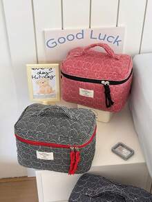 1 件绗缝爱心网格大容量女孩化妆包带手柄，方便携带，女士旅行化妆包，化妆品，护肤品，洗漱用品收纳包 - 彩色 - 查看 4