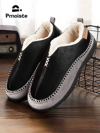 Fur Men House Slippers Winter Warm Soft Suture Mark Memory Foam Bedroom Shoes Comfort Non-Slip Durable Casual Slipper Black
