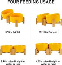 CRUTSPUNKYJUNKY 15° Slanted Ceramic Dog And Bowl With Wooden Stand, Tilted Bulldog Food And Water Bowl No Non-Spill Cats Medium Dogs Big Face Pets 13.5 OZ (1.7 Cups, Green * 2) - 黃色 - 查看 3