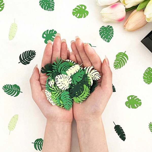 100pcs/Bag Green Jungle-Theme Monstera Leaf Paper Confetti, Tropical Green Plant Photography Props, Wedding Aisle Toss, Table Decor, Balloon Filler, Party Decorations
