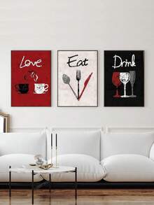 1/3 件时尚厨房装饰 - 爱、吃、喝帆布墙面艺术 | 现代黑红餐厅设计 | 可直接悬挂，无框海报 | 送给她或厨师的完美礼物