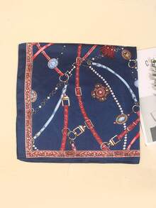 1pc Faux Silk Printed Square Scarf, Fashionable Multipurpose Neckerchief, Suitable For Daily Use - Navy Blue Chain - View 3