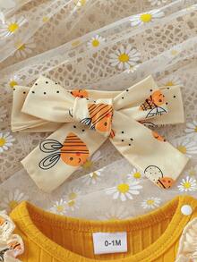 2件套女婴可爱休闲碎花荷叶边长袖连体衣和发带，春秋季