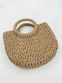 1个手工编织包，复古草编包，纸绳包，半圆形休闲手提包，沙滩包，街头风女士手提包，购物篮包，多功能沙滩度假包 - 彩色 - 查看 6