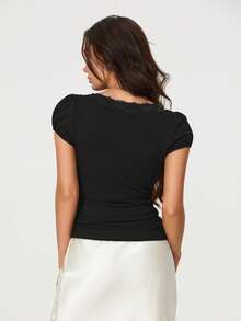 Women Short Sleeve T-Shirts Lace Patchwork V-Neck Shirts Summer Slim Fit Casual Tops Streetwear - Black - View 6