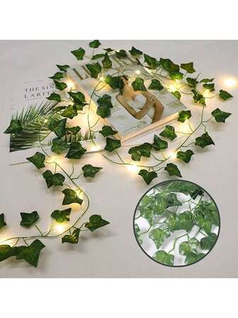 1 件 2 米/6.56 英尺绿色常春藤叶仙女灯串 20 个 LED 电池供电人造花环仙女灯，人造常春藤花环悬挂植物假绿叶卧室装饰适用于家庭花园墙婚礼卧室婚礼派对节日庭院装饰，房间装饰