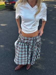 Women Plaid Bandaged Midi Skirt Y2K Gingham Low Rise Tie Waist A Line Maxi Skirt Vintage Checkered Pleated Swing Long Skirts Streetwear - Nhiều màu - Xem 8