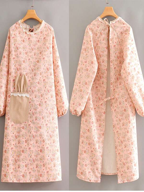 Princess Style Canvas Waterproof & Oil-Proof Long Sleeve Apron, Suitable For Kitchen, Hot Pot, Cafe Shop, Catering Workwear