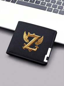 1pc Ultra-Thin Canvas Wallet With Gold Letter And Angel Wing Design - Black Zipper Coin Purse, Fashionable Daily Card And Small Change Holder - Black - View 6