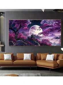 Pintura de Diamante 5D, Conjunto de Pintura de Pedras de Diamante de Paisagem Abstrata Moderna, Pintura de Diamante de Paisagem com Bottom Roxo, Lua e Árvore, Pôster para Decoração de Parede da Sala de Estar e de Casa