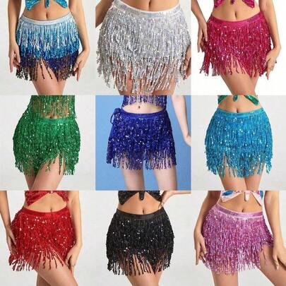 Falda de danza del vientre con lentejuelas y flecos, falda de cintura de danza del vientre de moda