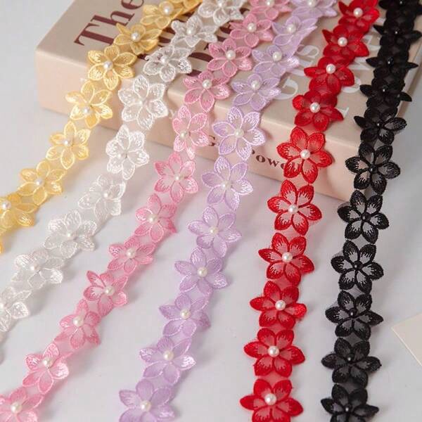 1 yarda de Encaje bordado con flores y perlas de una sola capa de 3,3 cm de ancho, tejido de organza para manualidades, cuello, puño, borde de cortinas - Suministros de manualidades, tejido de encaje