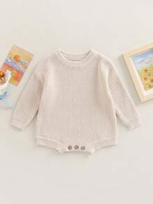 Baby Boy Girl Sweater Romper Long Sleeve Round Neck Solid Color Knit Bodysuit Infant Warm Outfit - Màu be - Xem 1