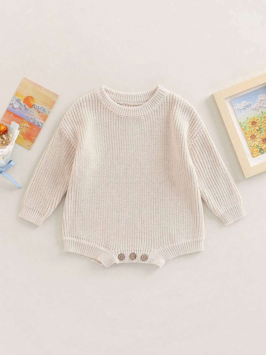 Baby Boy Girl Sweater Romper Long Sleeve Round Neck Solid Color Knit Bodysuit Infant Warm Outfit - Màu be - Xem 1
