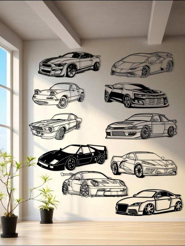 1 Stück schlichtes schwarzes Eisen-Wandbild mit abstraktem geometrischem, retroautomobilmuster zur Wanddekoration
