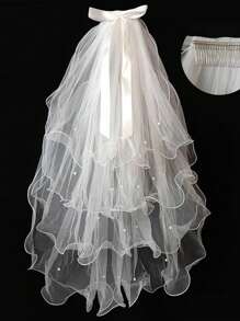 1 Stück luxuriöser 4-stufiger Hochzeitschleier mit Kunstperlen, exquisites Schleifen-Design, geeignet für Hochzeiten, Fotostudios, exklusive Galas