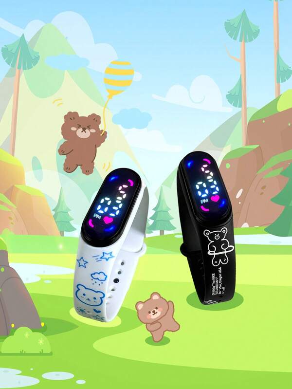 2pcs Bear Design LED Digital Children's Electronic Watch, Minimalist Black & White Color High Sensitivity Touch Screen Control Electronic Bracelet, Unisex Students Sports Wristwatch