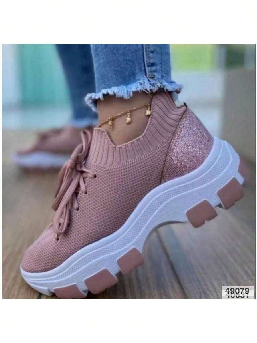 Women's Chunky Sneakers Half Ilhabela With Elastic Laces Comfortable Lightweight Street Outdoor - 藕粉色 - 查看 1