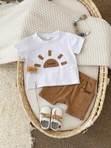 2 件套男婴夏季服装，白色短袖 T 恤，带太阳补丁刺绣和短裤 - 白色 - 查看 3