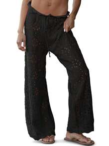 Fisoew Women's Sexy Crochet Beach Pants - Sheer Mesh Coverup With Adjustable Drawstring, Y2K Boho Aesthetic, Wide Leg Palazzo Pants, Hot Girl Summer, Plus Size Available, Resort Wear, Vacation Outfits