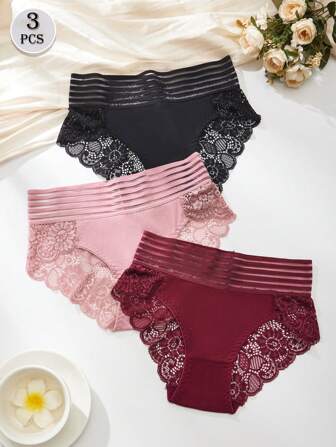 3 Pcs Ladies Semi Transparent High Waisted Panties Women's Sexy Lace Triangles