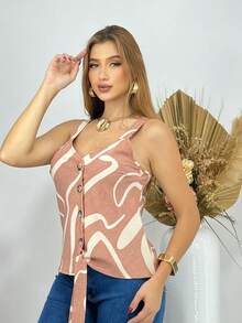 GEOMETRIC SOCIAL Blouse 2113 Women's Tank Top With Buttons And Wide Straps And Tie At The Front - Sizes From P To GG - Viscose Fabric, Elegant, Blogger, Fashion, Casual, Work, Everyday, Occasional, Office,