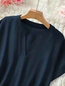 Women Casual Solid Color Notched Neck Short Sleeve T-Shirt - Navy Blue - View 7