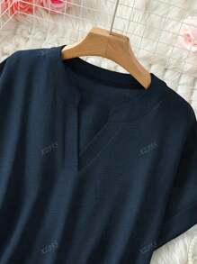 T-shirt femme décontracté à col encoche et manches courtes de couleur unie