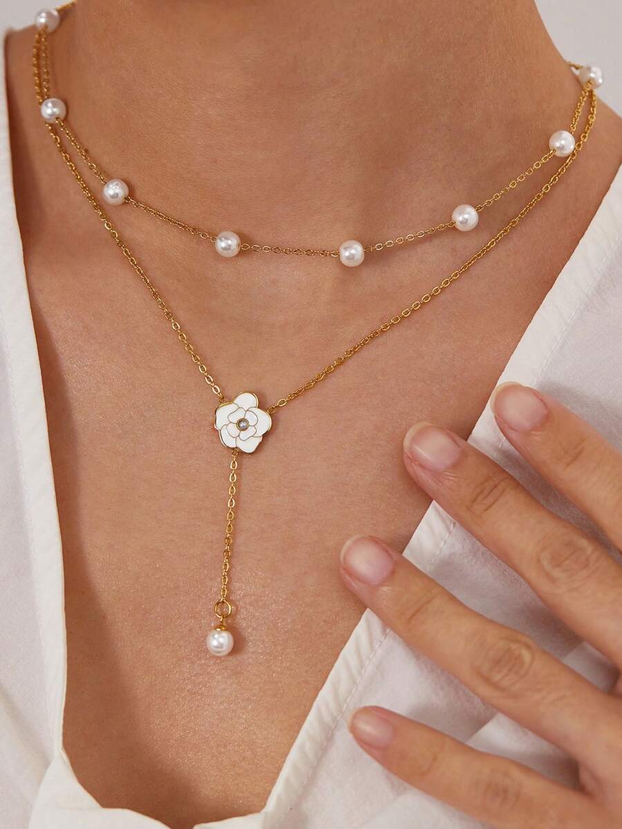 1pc Fashionable & Exquisite Flower Double-Layer Design Necklace, Classic & Elegant, Suitable For Daily Wear, Best Gift For Friends - Gold - View 1