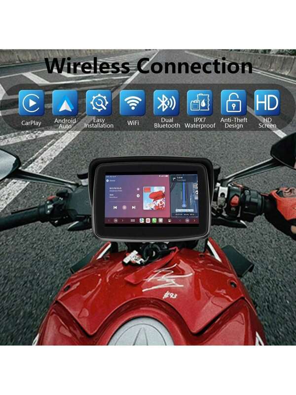 Portable Carplay Screen For Motorcycle, Wireless Apple CarPlay & Android Auto, 5-Inch IP67 Waterproof GPS Navigation, Voice Control, 5G Dual Bluetooth, TF Input