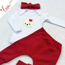 Sempre Bebê Baby Girl Clothing Set Long Sleeve Bodysuit With Pants And Headband Blogueirinha Diva Leopard Kitten Bow Outfit Winter Cold Weather Set Red Polka Dot Teddy Bear - 紅白色 - 查看 6