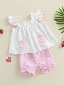 Baby Girl Summer Clothes Stripe Print Flying Sleeve Square Neck Tank Tops Ruffled Shorts Outfit - White - View 5
