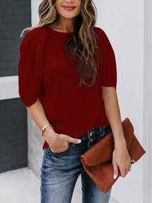 Women's Solid Short Sleeve Blouse Summer Crew Neck Casual Tops Fashion Puffed Sleeve Shirt