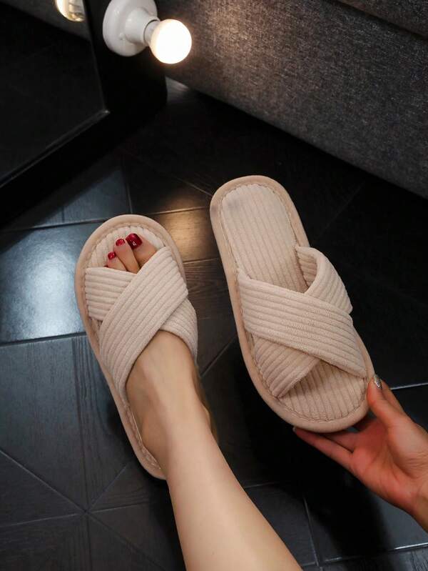 Women's Criss-Cross Striped Slippers, Comfortable Indoor Quiet House Slippers