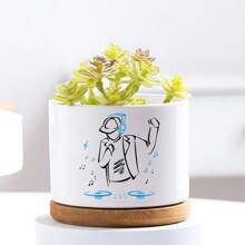 1pc DJ Ceramic Planter With Bamboo Tray (3.6"X2.6"), Succulent Planter, DJ Theme: Vinyl Record Turning, Musical Notes Flying, Headphones Playing Music, Planter Gift, Yard Decor, Desktop Decor