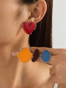 1 Pair Enamel Drip-Glaze Heart & Geometric Design Women Earrings, Minimalist Elegant Fashion Style, Suitable For Mother's Day Gift And Daily Wear