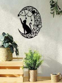 1 pieza Decoración de pared de silueta de metal de gato negro y luna de arte de hierro