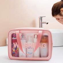 3pcs Waterproof Toiletry Bag Set - Large Capacity, Transparent PVC & PU Travel Organizer For Makeup And Swim Gear With Zip Closure Summer Holiday Essentials Travel Essentials - Pink - View 4