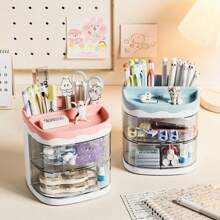 1Pc Rotating Drawer Style Storage Box Pen Holder, For Desktop Storage Pencil Storage Rack Cute Desktop Pen Cup Makeup Brush Container Home Decoration Stationery Storage Multifunctional Storage Box,Back To School,School Supplies,Pencil Case,Pencil Pouch,School Bag