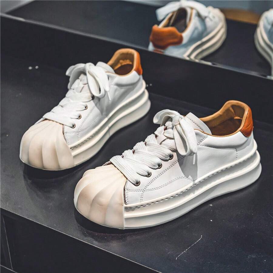 New Style Men's Casual Niche Low-Top Design Sense Skateboard Shoes, Versatile Thick Sole Sneakers, Fashion Color-Blocking Leisure Shoes - White - View 1